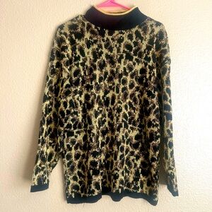 Vintage Nutcracker Animal Print Leopard Metallic Gold Shimmer High Neck Sweater